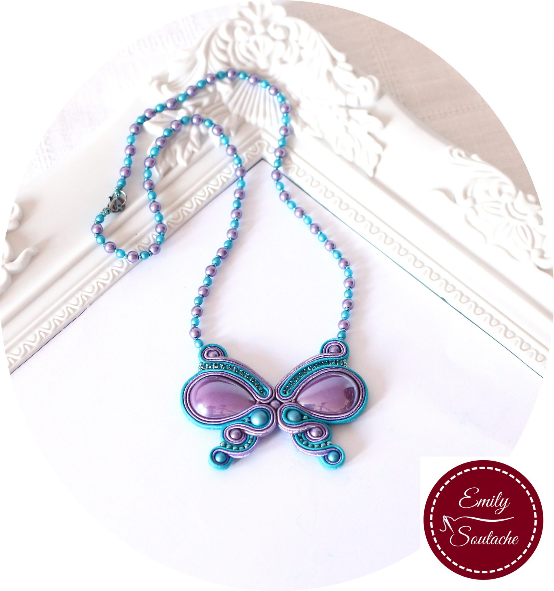 emily soutache egyedi kézműves ékszer sujtás nyaklánc pillangós medál kerámia ékszer